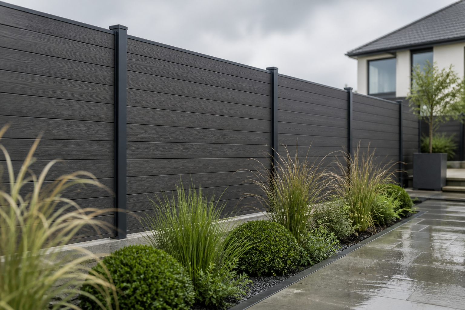 Modern composite fencing installed in a garden