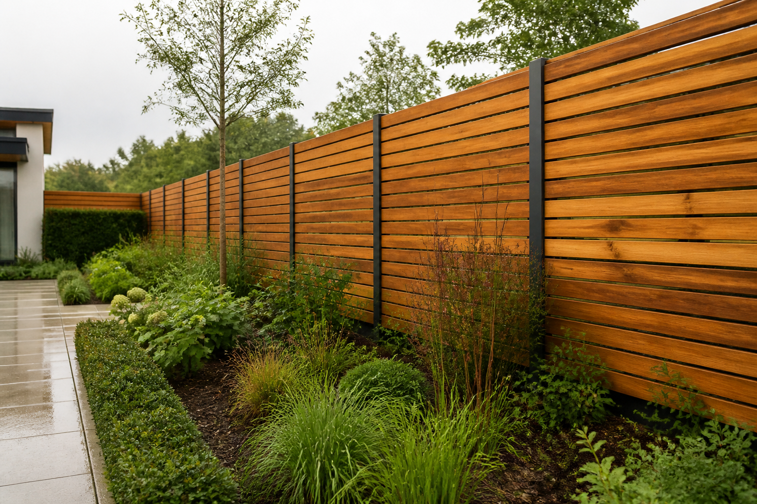 Horizontal timber privacy fence in a landscaped modern garden