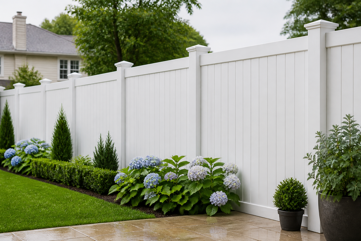 White PVC fencing installed in a landscaped garden