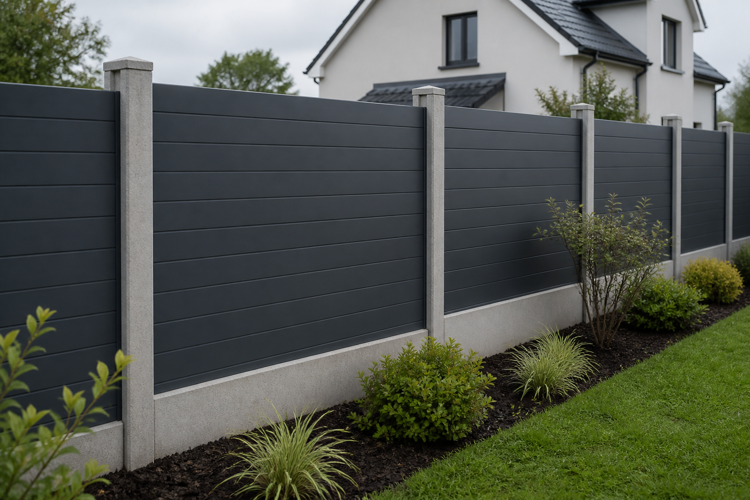 Anthracite Smart fencing installed in a landscaped garden