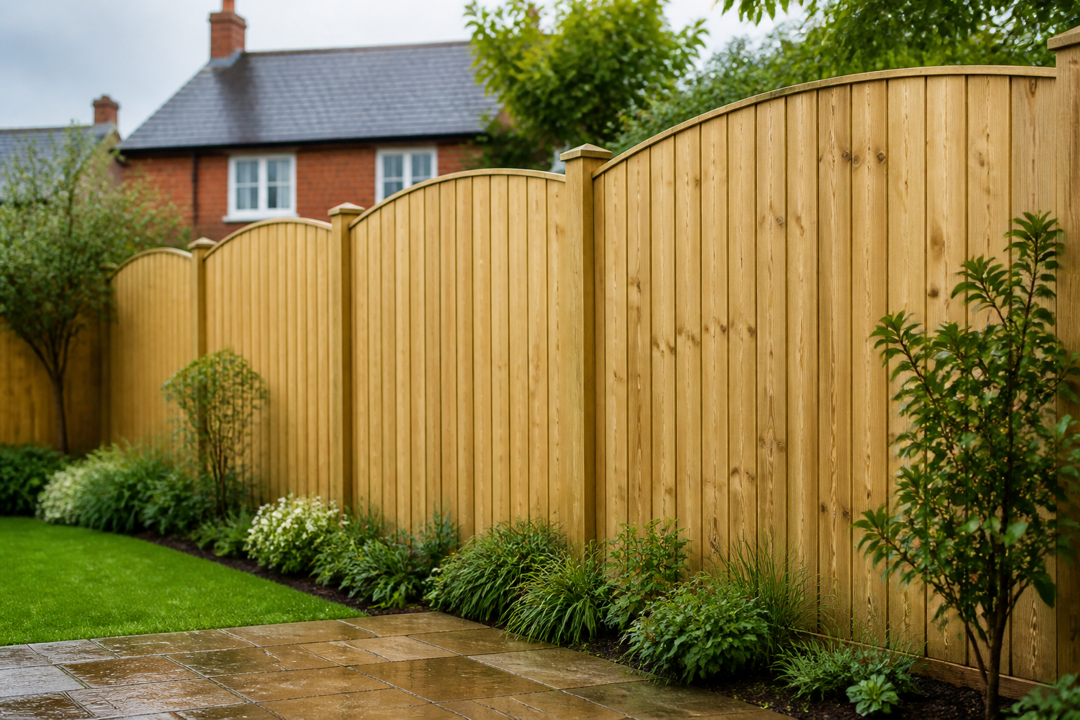 Pressure-treated timber fencing in a landscaped garden