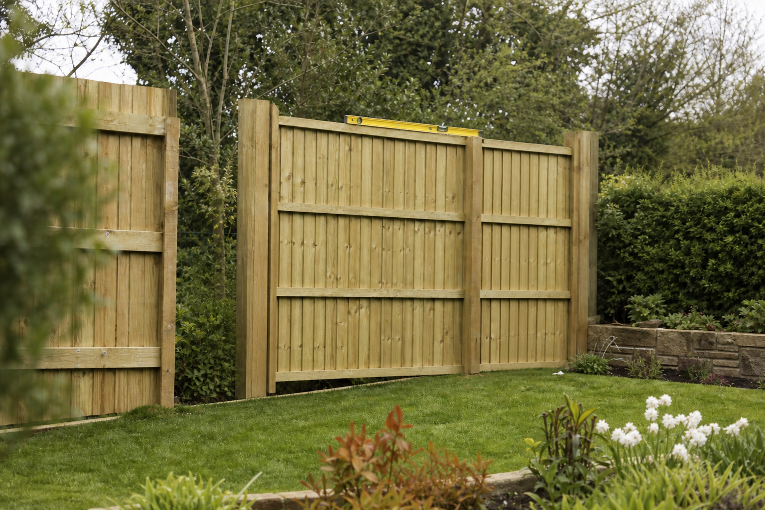 Newly completed timber fence installation in a landscaped garden