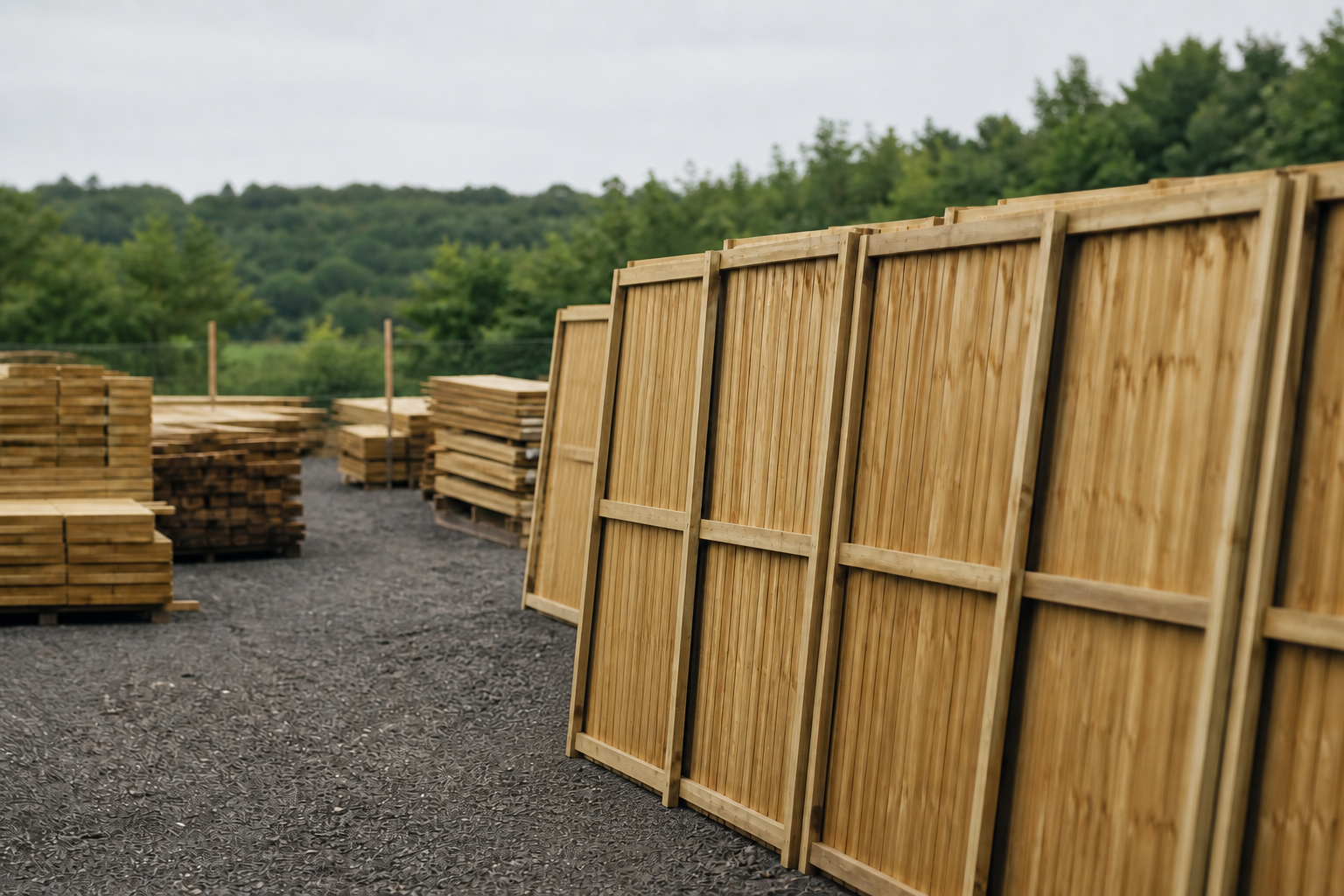 Rows of finished timber fence panels in the LARK yard