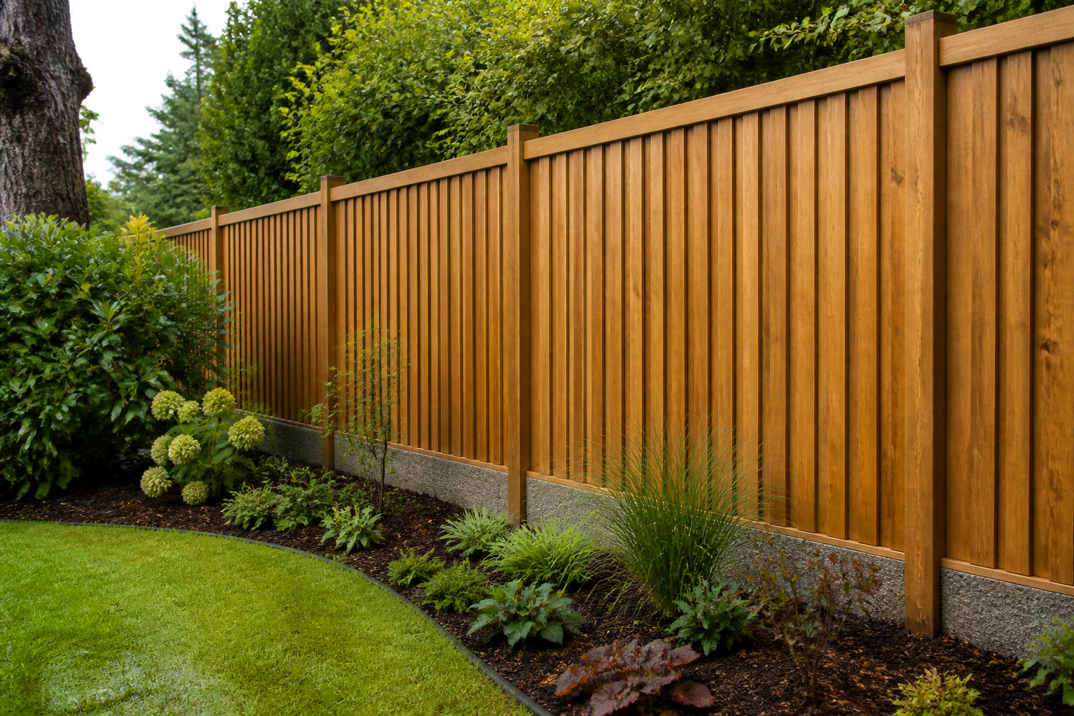 Newly installed warm timber garden fence with landscaped planting