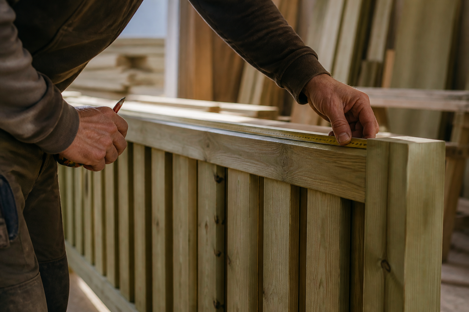 Craftsperson carefully measuring a timber fence panel