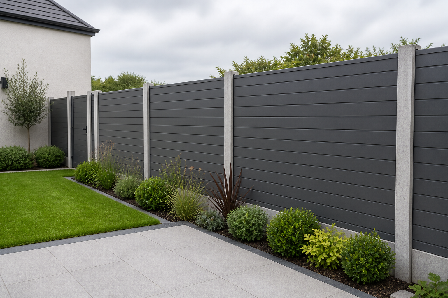 Installed anthracite SmartFence in a landscaped garden